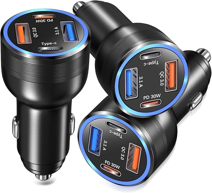 USB C Car Charger 3 Pack, Bangfun 4-Port 65W Dual 12V USB-C & USB A Car Charger Power Adapter QC+PD 3.0 Fast Charging Cigarette Lighter Plug for iPhone 16/15/14/13/11 Pro,Samsung S24,Android(Black)