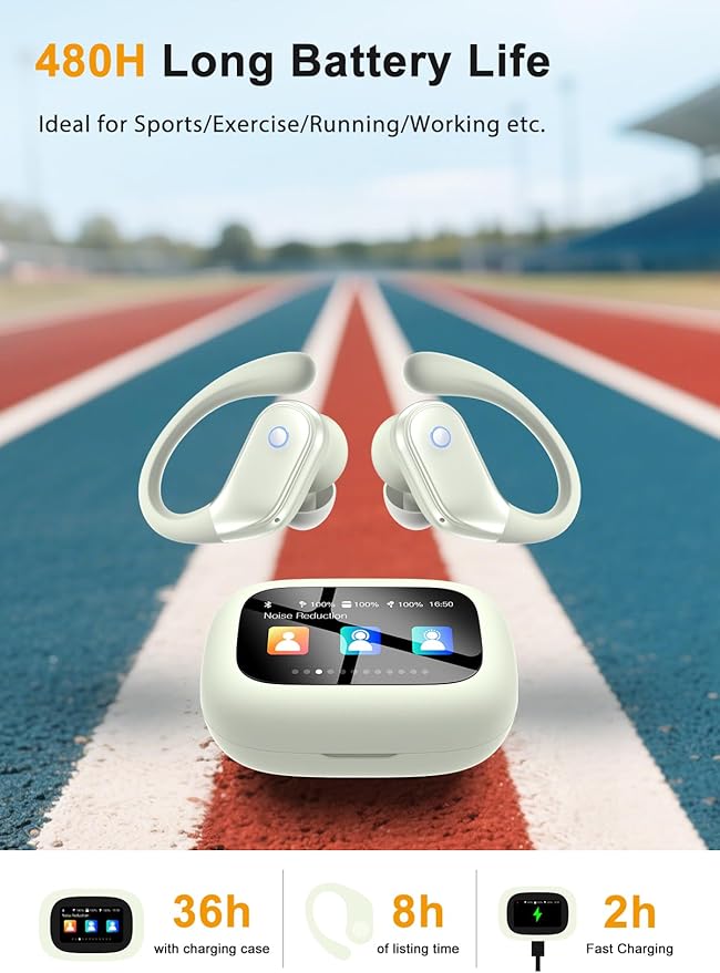 Wireless Earbuds, ENC Noise Cancelling Sport Ear Buds with Smart Touch Screen Charging Case, Bluetooth 5.4 Headphones, Bass Stereo Sound, 5 EQ Over-Ear Earbuds for Sports/Workout/Gym-Rice