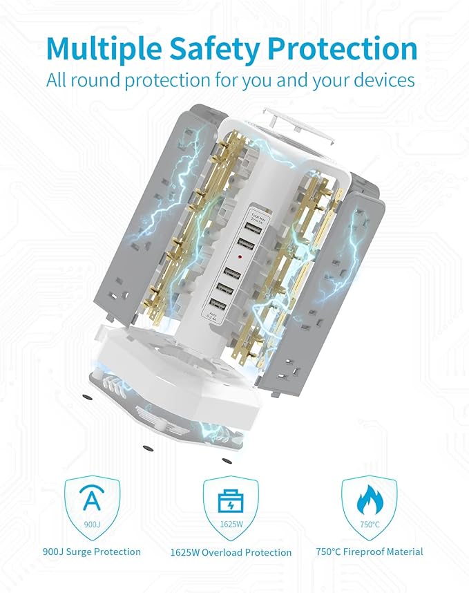 Surge Protector Power Strip Tower with USB Ports, Fararaka 10 FT Extension Cord with 16 Multiple Outlets and 5 USB Ports, Flat Plug Charging Station for Home, Office, Dorm Room