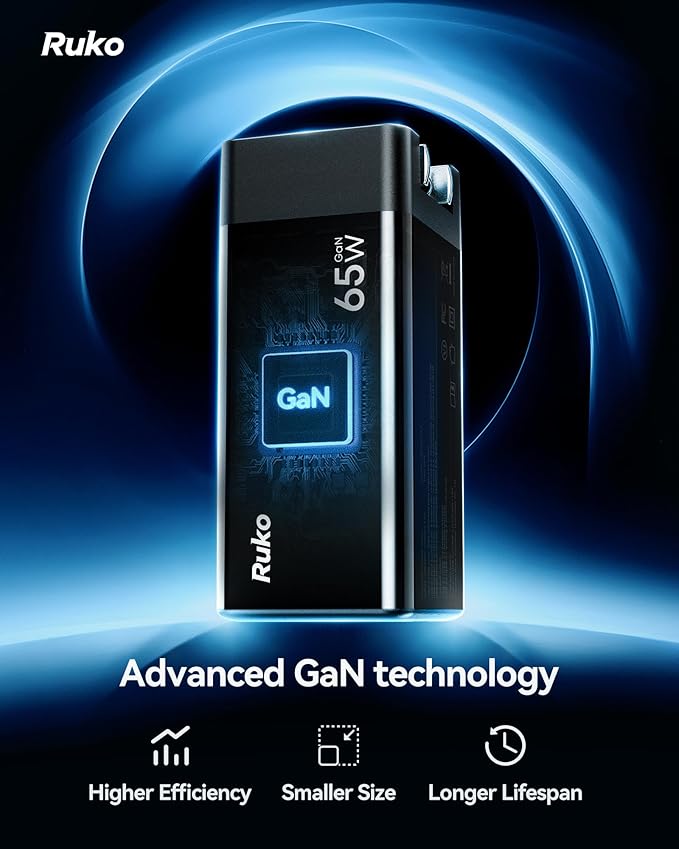 Ruko PD65W USB C Charger, 3-Port GaN Fast Charger Block, Compact Foldable Wall Charger for iPhone 17/16, MacBook Pro/Air, Galaxy S24, Pixel, Drone, Switch and More, Black