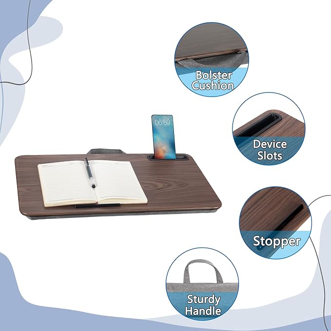 Portable Laptop Desk Fits Up to 16“ Laptops, with Tablet Slot, Built-in Cushion, Great for Home & Office,Lap Desk for Laptop,Lap Desk with Cushion (Brown, Large)