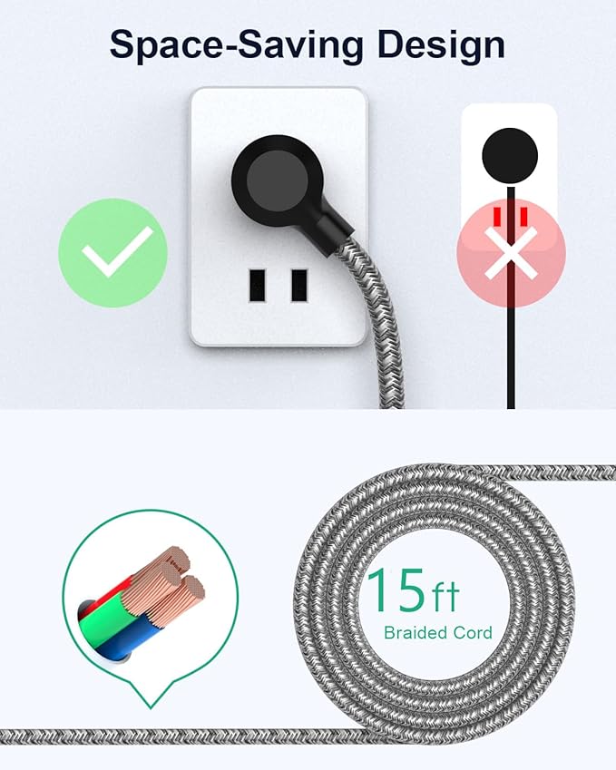 15FT Power Strip Surge Protector - 2 Pack Extension Cord with 6 Outlets 4 USB Ports, Flat Plug, 900 Joules, 15A Circuit Breaker, Wall Mount for Home Office Dorm