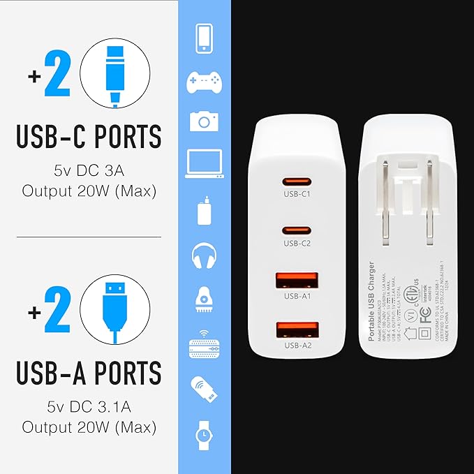 Cruise Approved Power Strip (Royal Caribbean, Disney & More) - Non Surge Charger [2 USB, 2 USB-C] 4-Port Charging Block w/Foldable Plug for iPhone, iPad, Laptops & More - Cruise Ship Essentials 2025