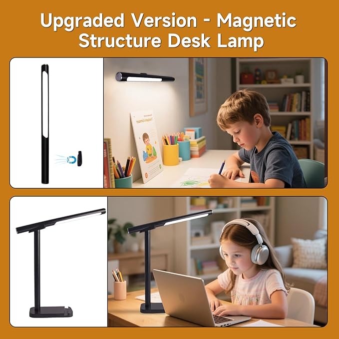 Magnetic Led Desk Lamp: 2 in 1 Reading Lamp with Phone Holder & USB Charging Port for Home Bedroom Office Study | Dorm Desk Lamp with 3500-6500k Touch Control Dimming | 5 Brightness Levels | Black