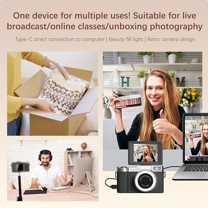 4K Digital Camera for Photography, 48MP Vlogging Camera for YouTube 2.8" 180° Flip Screen 18X Digital Zoom Compact Travel Cameras with 64GB SD Card & Card Reader,Mini Tripod,2 Batteries