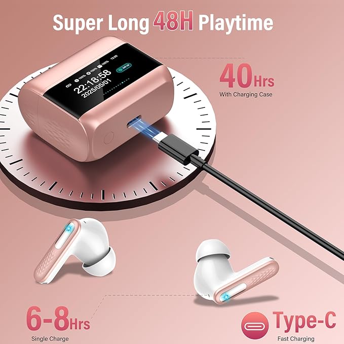 Wireless Earbuds, Bluetooth 5.4 Headphones with Multifunction Touch Screen, 48H Deep Bass Stereo Ear Buds, 5 EQ Modes, ANC/ENC Noise Cancelling, Transparency Mode, IPX7 Bluetooth Earbuds, Rosa