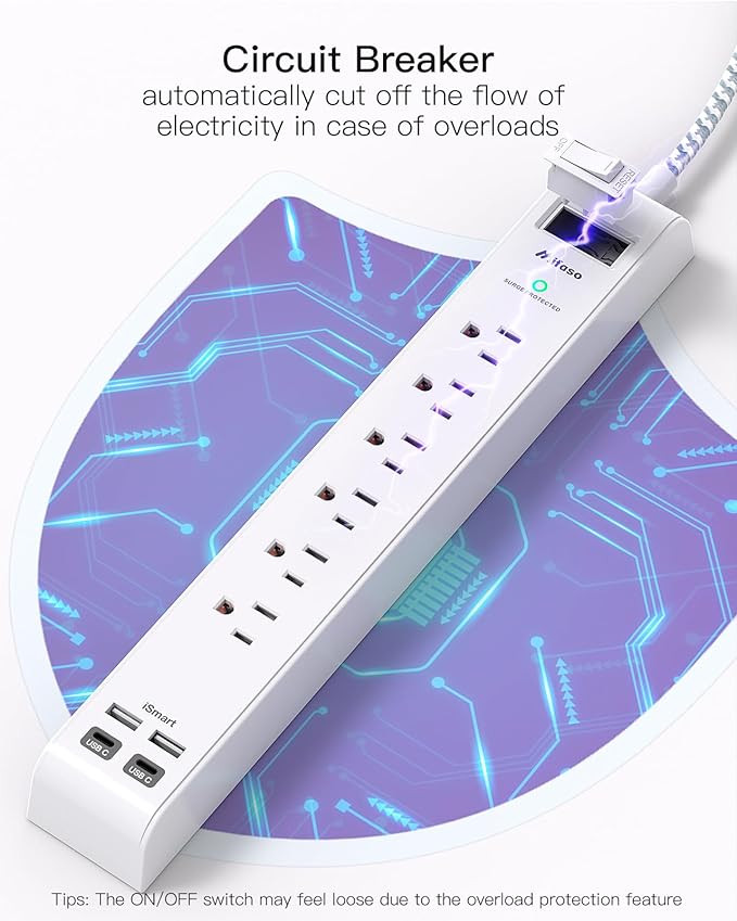2 Pack Power Strip Surge Protector, 6 Outlets 4 USB Ports (2 USB C) 5Ft Long Extension Cords, Flat Plug Overload Protection Outlet Strip, Wall Mount for Home, Office and Dorm Essential, ETL Listed