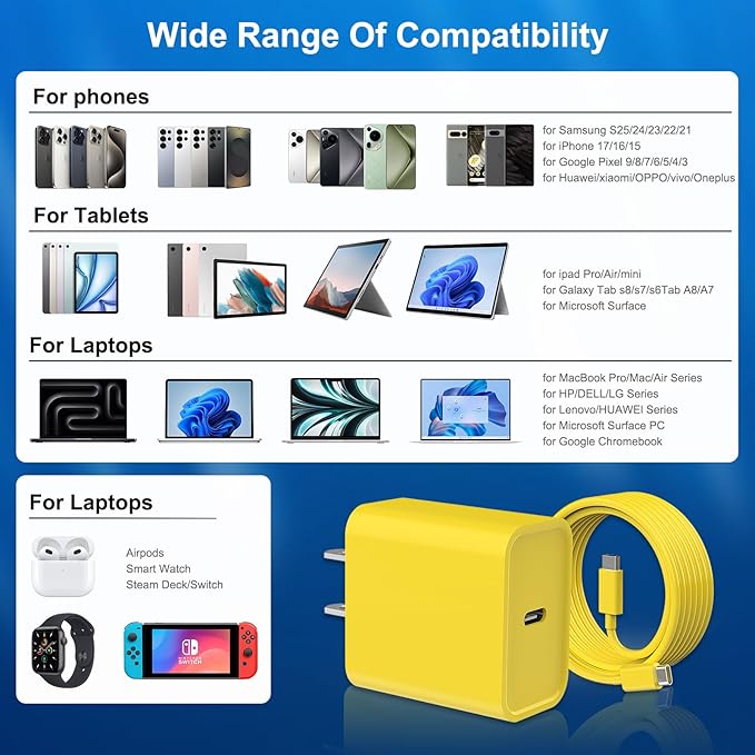 iPhone 17 16 15 Charger Fast Charging, 3 Pack PD 20W USB C Charger with 10FT Cord, USB C Cable Type C Chargers Block for iPhone 17/17 Pro/17 Pro Max/16/16 Plus/16 Pro/16 Pro Max/15/15 Pro（Yellow）