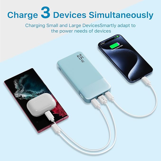 NOBIS Portable Charger, 10000mAh Power Bank Fast Charging, Battery Pack with C to C Cable, Battery Bank with Digital Display for iPhone iPad Android etc (Blue, 25W)