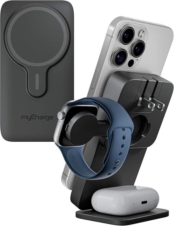 myCharge EcoHub 3 in 1 Apple Charging Station & Magsafe Battery Pack | Wireless Charger for iPhone, iWatch, AirPods | Magnetic Portable Charger with Wall Plug | Travel-Ready & Foldable