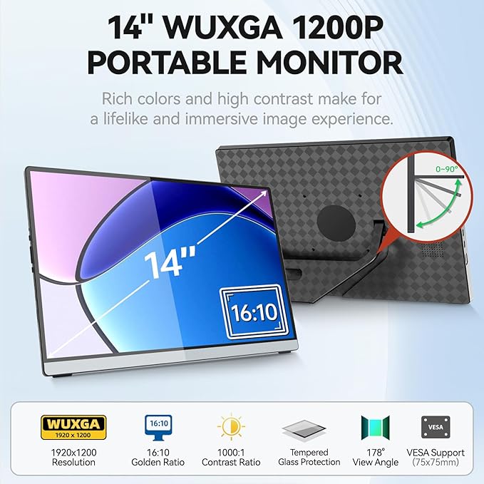 Intehill 14" Portable Monitor, WUXGA 1920x1200 Portable Screen with Full-Covered Tempered Glass, 16:10 USB-C HDMI External Display with Speakers & Stand, Travel Monitor Second Screen for Laptop, F14ZA