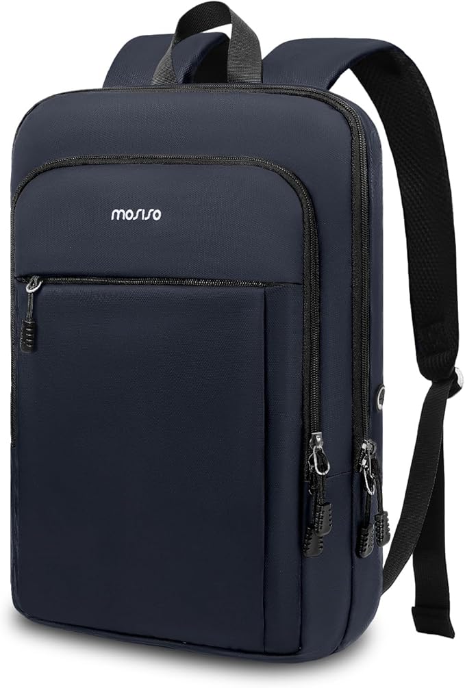MOSISO Laptop Backpack for Men, Slim Lightweight Compact Computer Backpack for College Work Business Office Travel, 15.6 inch Waterproof Commute Laptop Bag Casual Daypack with Luggage Strap, Navy Blue
