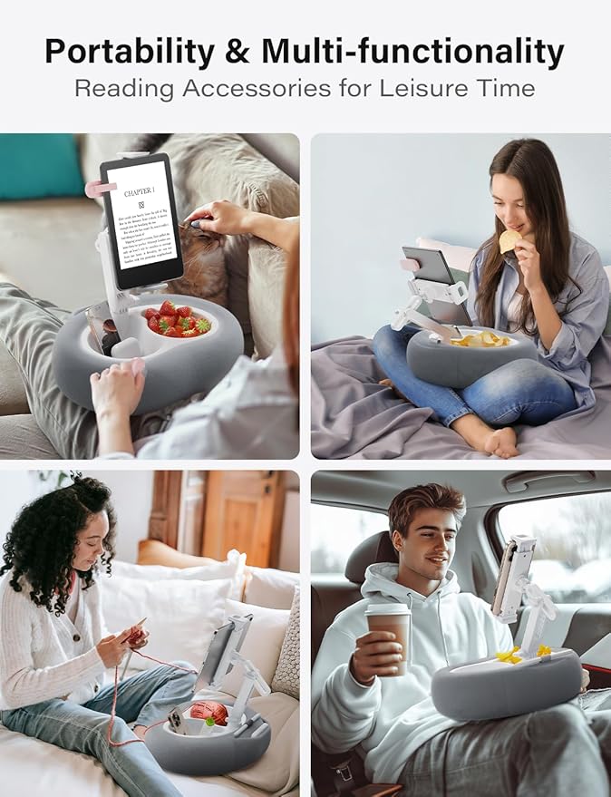 Tablet Kindle Pillow Stand Holder with 2 Trays Fit 4''-13'' Phone/Tablet/Kindle iPad Holder Stand for Bed with Soft Plus Fabric Reading Accessories Gift for Reading, Gray