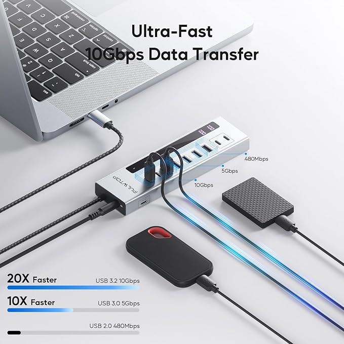 Powered USB C Hub, 10-in-1 USB 3.2 Data Hub with 3 x USB A/C 10Gbps, 3 x USBA 5Gbps, USB A 2.0, 100W PD-in, 2 x 24/45W Type-C Charging Ports (72W Adapter Included)
