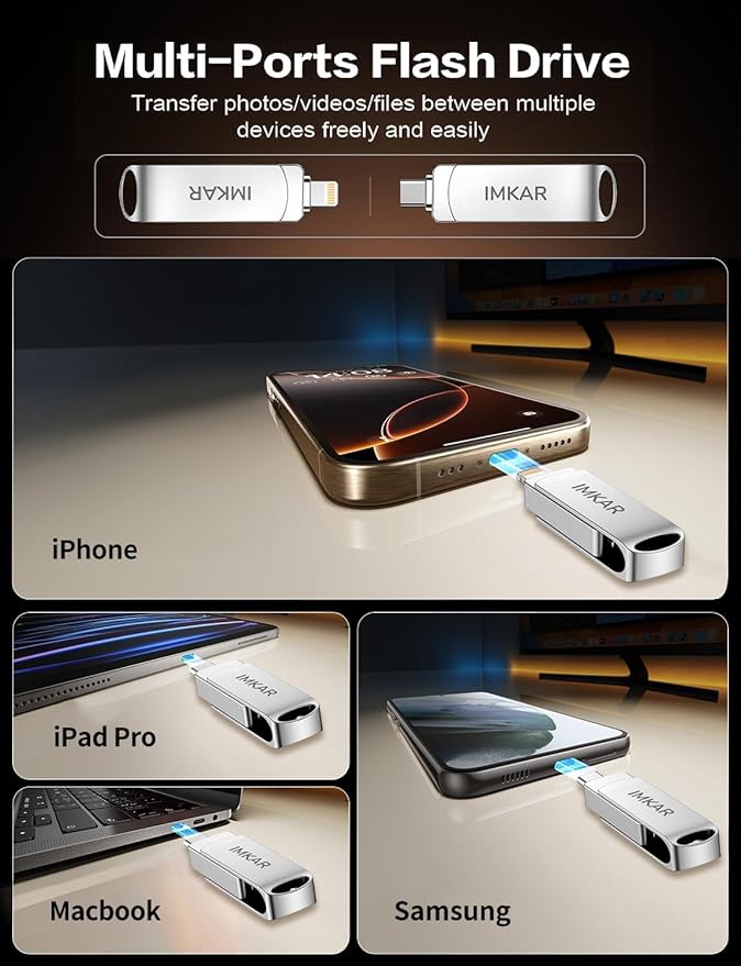 MFi Certified 512GB Flash Drive for iPhone iPad, IMKAR Memory Stick Storage for Photos Videos, Compatible with iPhone iPad Android and PC, Plug and Play No Application Required (Metal Silver)