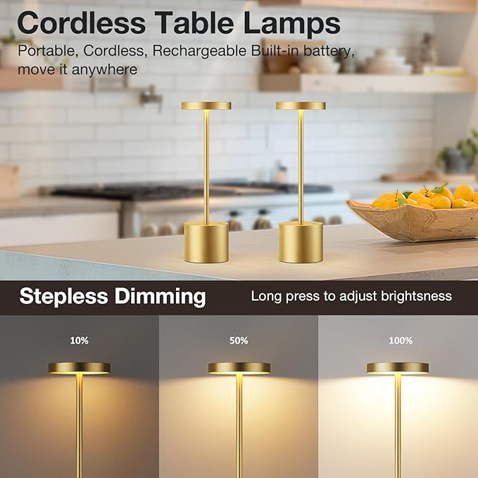 Kakanuo Gold Cordless Lamp Set, Rechargeable Lamps, 3 Color Temperature, LED Outdoor Wireless Lamp, Battery Operated Lamps, Stepless Dimmable, Touch Control