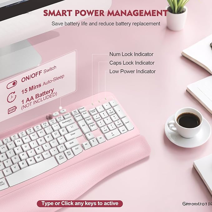 Ergonomic Wireless Keyboard with Cushioned Wrist Rest, Wave Keys, Phone Holder, Comfortable Natural Typing, 2.4GHz Full Size Cordless USB Computer Keyboard for Laptop, Mac, Windows (Pink)