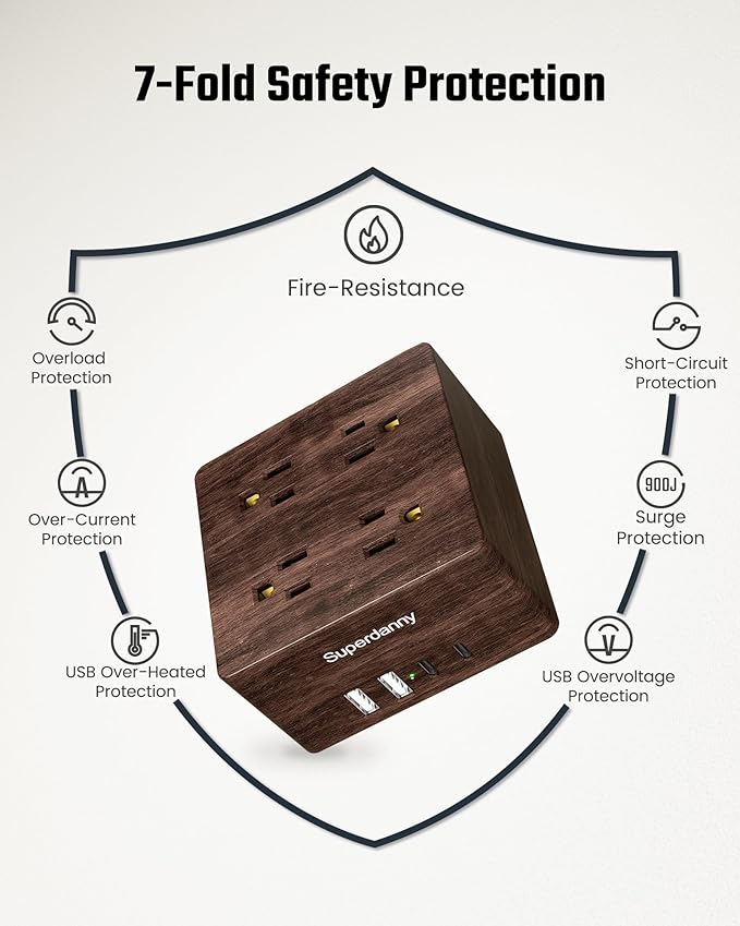 SUPERDANNY USB Power Strip Surge Protector - Desktop Extension Cord with 4 Widely Spaced Outlets & 4 Smart USB Ports, Portable Charging Station for Home, Office, Hotel, Dorm, RV, Deep Walnut Grain