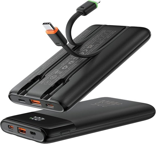 VEGER Portable Charger with Built in Cables, Slim 10000mAh PD 22.5W Fast Charging USB C Power Bank, 4 Outputs 3 Inputs Battery Pack Compatible with iPhone 16 15 14 13 Samsung iPad - Travel Essential