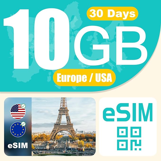 Europe and USA eSIM Prepaid 10GB 30Days | Supports European 32 Countries (Including Switzerland) and USA | Hotspot Allow | 4G LTE High-Speed Internet | No Contract No SIM Card | Local Carriers eSIM