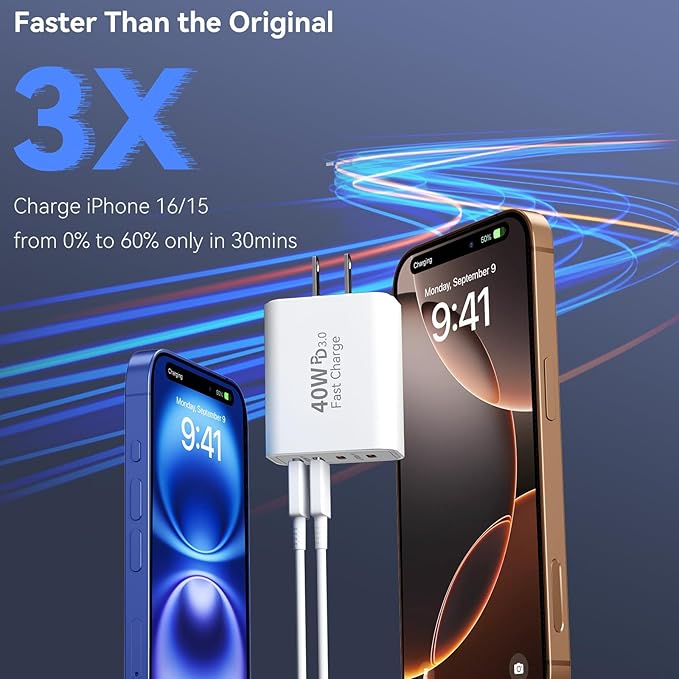 USB C Wall Fast Chargers Block, 40W 4-Port Type C Chargers Fast Charging Blocks PD Power Charger Adapter+QC 3.0 USB C Multiport Charger Brick for Phone 17/16/15/14/13/12 Pro Max, Pad, Galaxy S25/24