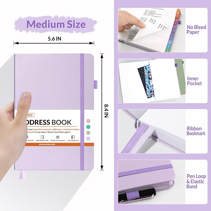 SUNEE Address Book with Colorful Alphabetical Tabs, Address Notebook Organizer for Record Contacts, 5.3'' x 7.7''- Purple