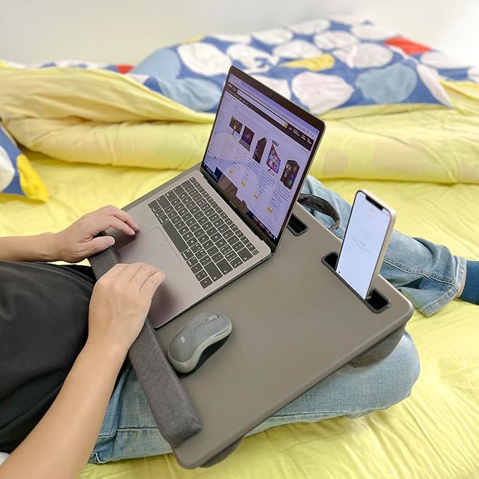 Lap Desk Home Office Lap Desk Portable Laptop Desk for Left Right - Handers with Whole Mouse Pad Wrist Pad Dual Cushion Phone Tablet Slots Fits Up to 17 Inch Laptops