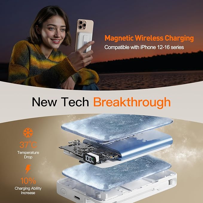 2025 Magnetic Battery Pack 16800mAh Mobile Power Bank, Portable Charger with Foldable Stand and Built-in Cable, 20W USB-C Fast Charging, Suitable for iPhone 17/16/15/14/13/12 Series