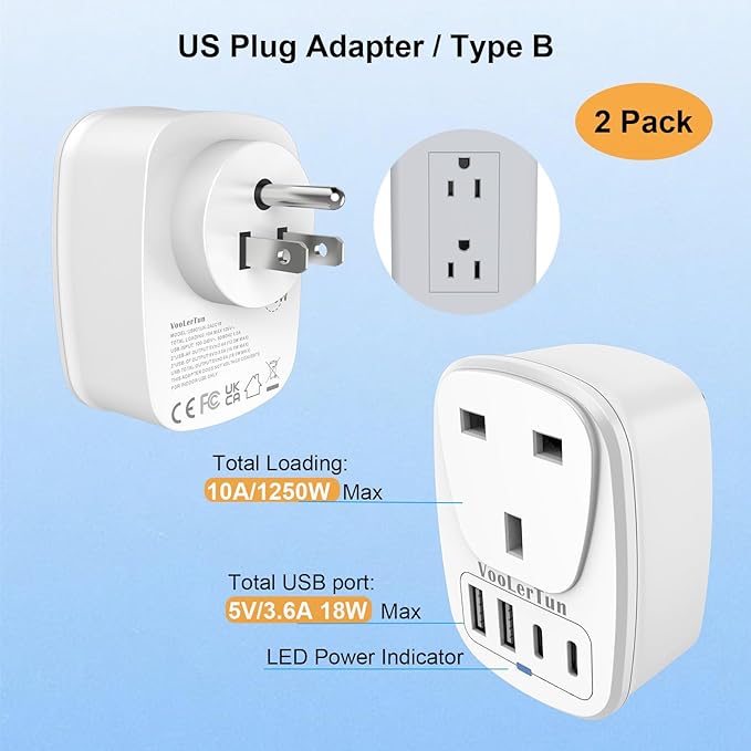 England to US Plug Adapter 2 Packs, UK Type G to US Travel Plug Adapter with 1 lreland AC Outlets, 4 USB Charger Ports (2 USB C), for Dubai, England, Scotland, Hong Kong, Singapore
