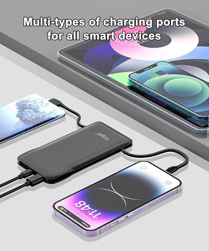 TG90° Portable Charger with Cords 10000mAh Power Bank with Built in Cables Battery Backup Cell Phone External Battery Pack Compatible with iPhone 17 16 15 14 13 12 Samsung S22 S21 Google iPad