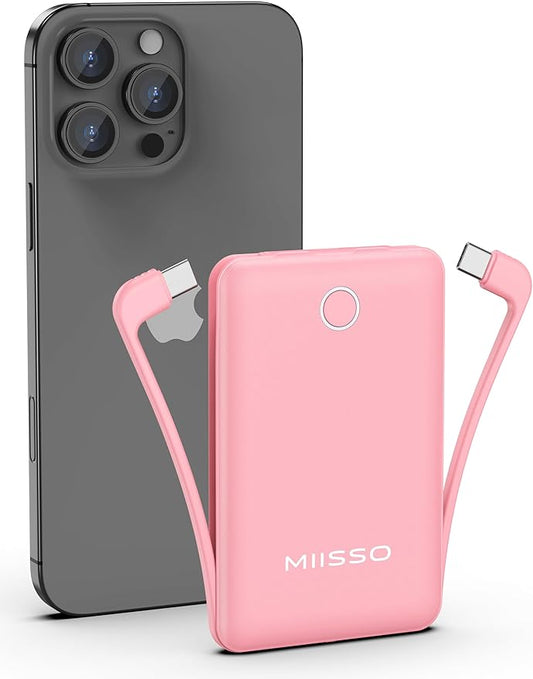 miisso 10000mAh Slim Portable Charger with Built in Cable, Power Bank Travel Charger External Battery Pack for Phone, 3 Output USB Type C Cord Clutch Charger Compatible with iPhone, Pink