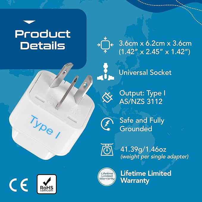 Ceptics Australia, China, New Zealand Travel Plug Adapter (Type I) - 3 Pack [Grounded & Universal] (GP-16-3PK)