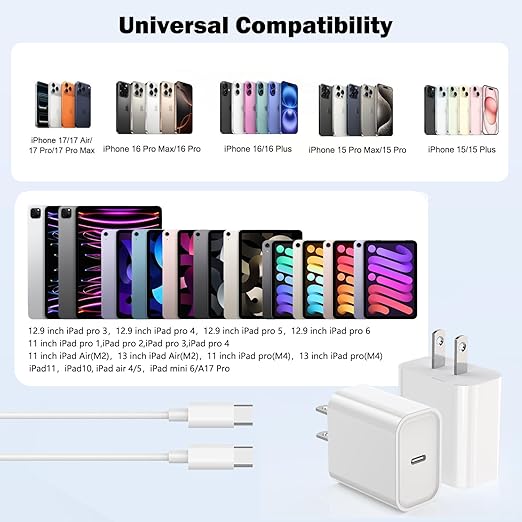 iPhone Charger Fast Charging,2 Pack 20W USB C Wall Charger with 6FT Long Type C to C Charging Cable Compatible with iPhone 17/Air/17 Pro/17 Pro Max/iPhone 16/16 Pro/16 Pro Max/15 Pro, iPad Pro/AirPods