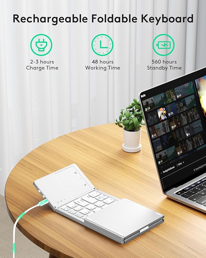 Samsers Foldable Bluetooth Keyboard with Touchpad - Portable Wireless Keyboard with Holder, Rechargeable Full Size Ultra Slim Pocket Folding Keyboards for Android Windows iOS Tablet & Laptop - Silver