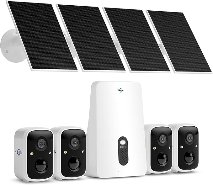 Hiseeu Solar Security Cameras Wireless Outdoor, 4 Cam-Kit, Expandable to 10CH, No Monthly Fee, Solar-Powered, Home Security Cameras System with 2K Color Night Vision, Easy Setup, 2.4G & 5G WiFi