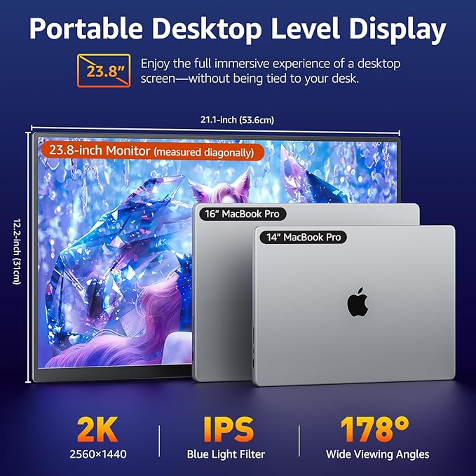 VisionOwl 23.8-Inch Large Portable Monitor-2K QHD 180Hz Refresh Rate Gaming Monitor, 130% sRGB, IPS Panel, USB-C & HDMI for Laptop, PC, Mac, PS5, Xbox, Built-in Kickstand, VESA Mountable