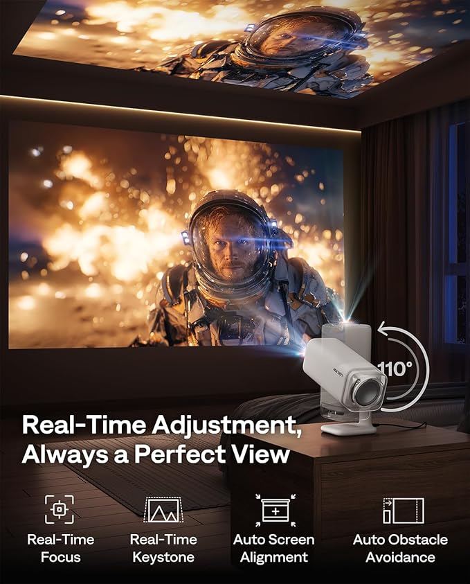 Aurzen BOOM Air Portable Google TV Projector with WiFi and Bluetooth, Smart Projector for Outdoor & Home Movie, USB-C Powered, 4K Supported, Real-Time Focus, Dolby Audio, Adjustable Stand, Off-White