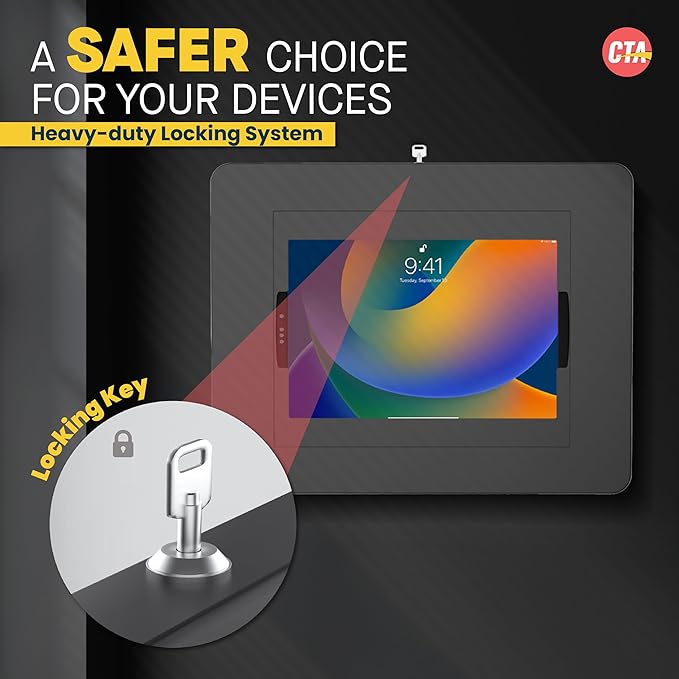 Locking iPad Wall Mount - CTA Anti-Theft Large Locking Tablet Enclosure w/ Key Lock and Interior Cable Routing for iPad Pro 12.9", Surface Pro 3, 4, 5, 6, 7, 8, X - Black - (PAD-PLWB)