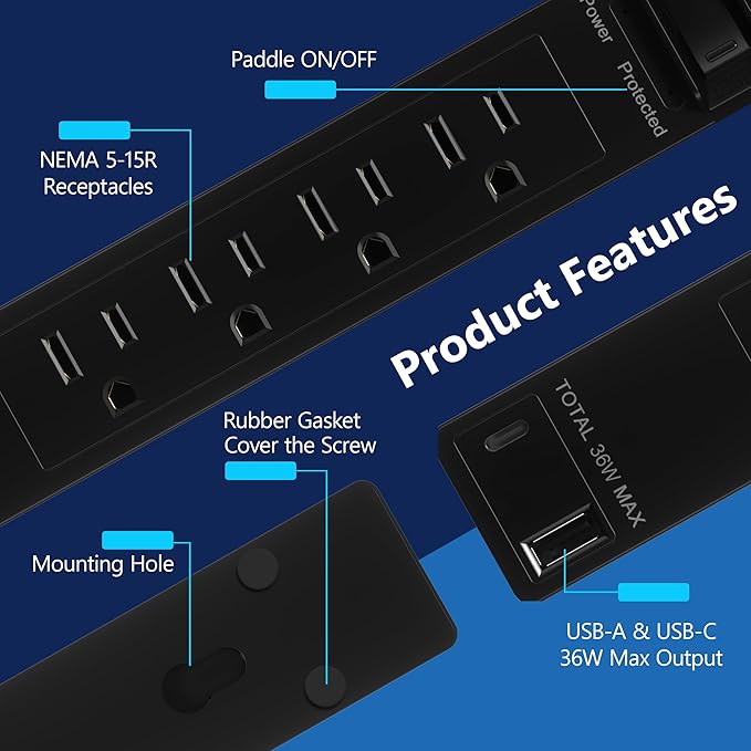 LIDER PD 36W Surge Protected Outlet Extender with 4-Outlet Power Strip, 1 USB Type-A and 1 Type-C Port, 5ft, Up to 1500J, LED Indicator, ON/Off Switch, Flat-Plug, 45-Degree Angle, UL-Listed, Black