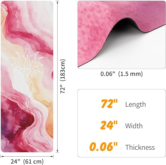 Travel Foldable Suede Yoga Mat, Tear-resistant Non-Slip Fitness Mat, Tote Bag included for Yoga Pilates Exercise Workout, 0.06 Inch/1.5 mm Thick, 72 x 24 Inch/183 x 61 cm