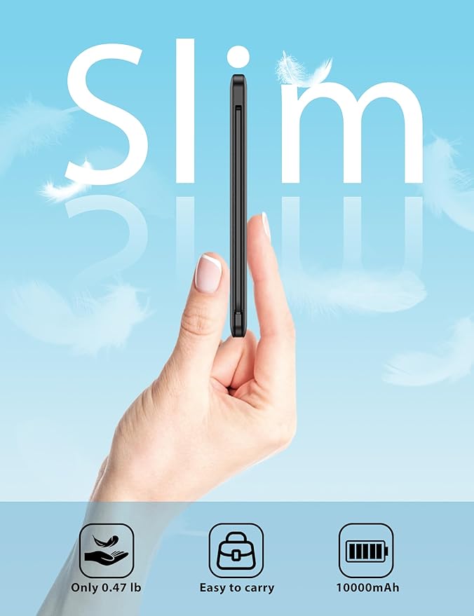 10000mAh Slim Portable Charger with Built in Cable, Power Bank Travel Charger External Battery Pack for Phone, 4 Output USB Type C Cord Clutch Charger Compatible with iPhone, 2 Pack Black & Pink