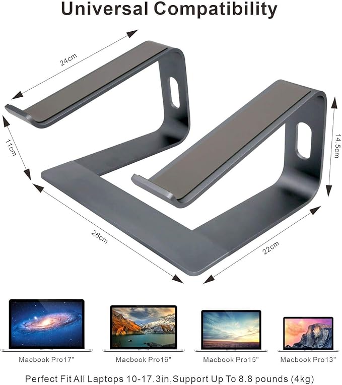 MacBook Pro/Air HP Lenovo Samsung Huawei Laptop Riser: Gray Aluminum Ergonomic Mount for 10-17.3' Laptops