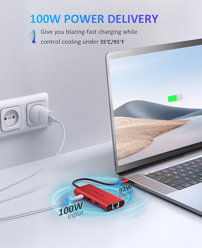 UtechSmart USB C Hub, Ethernet Multiport Adapter 6 in 1 USB C to HDMI Dock Compatible for MacBook Pro/Air, Chromebook, Dell XPS, HP and Type C Devices (Gigabit Ethernet 100W PD 4K HDMI USB 3.0) Red