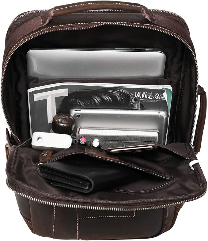 LANNSYNE Men's Full Grain Leather Expandable 15.6 Laptop Backpack Tote Shoulder Travel Bag Rucksack