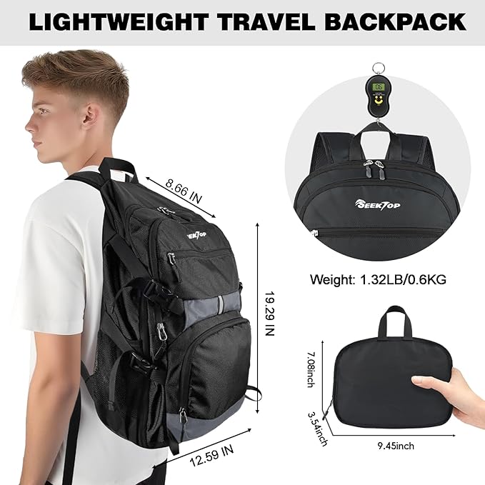 Seektop 40L Hiking Backpack Foldable Daypack for Women Men, Lightweight Travel Backpack Carry on Flight Approved for Camping School Work Business Leisure (Black)