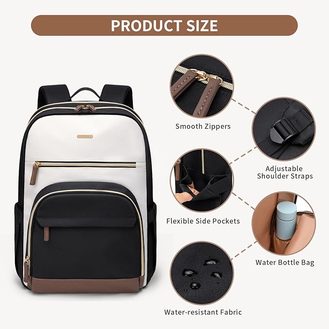 TENSTAR Laptop Backpack for Women, Computer Backpack Fit 16 Inch Notebook, Large Capacity College Backpack Bookbag Casual Daypack for Travel, Black with Beige