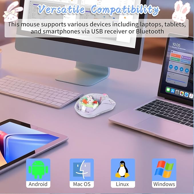 elec Space Cute Wireless USB C Mouse - Bluetooth Triple Mode Rechargeable Cartoon Mouse for Laptops, iPads & MacBook Air/Pro - Silent Operation, Portable Design, Unique Magnetic Character (Purple)