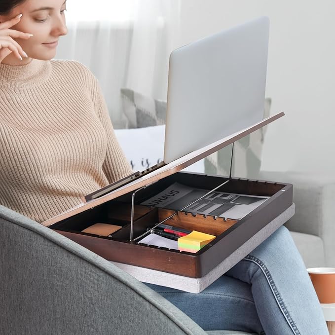 Acacia Wood Easel Lap Desk for Adults, Foldable, Fits up to 17.3 Inch Laptop with Storage and Cushion, Height Adjustable Laptop Pad for Writing, Drawing, and More