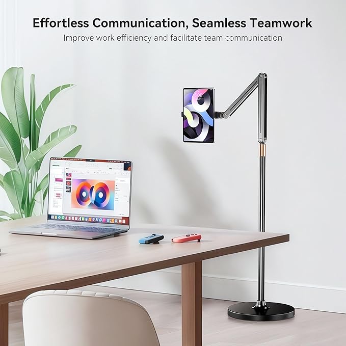 Tablet Floor Stand, Angle& Height Adjustable iPad Floor Stand, 2025 Dual-Device iPad & Phone Mount, 360°Tablet Holder for Live Streaming, Overhead Shots & Multi-Angle Recording (4.7"-13")