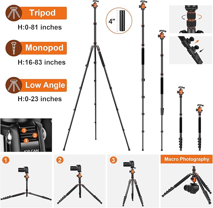 JOILCAN Tripod for Camera, 81" Aluminum Camera Tripod Stand, 83" DSLR Tripods & Monopods, Heavy Duty Travel Tripod for Binoculars Spotting Scope Telescope, Max Load 35lb
